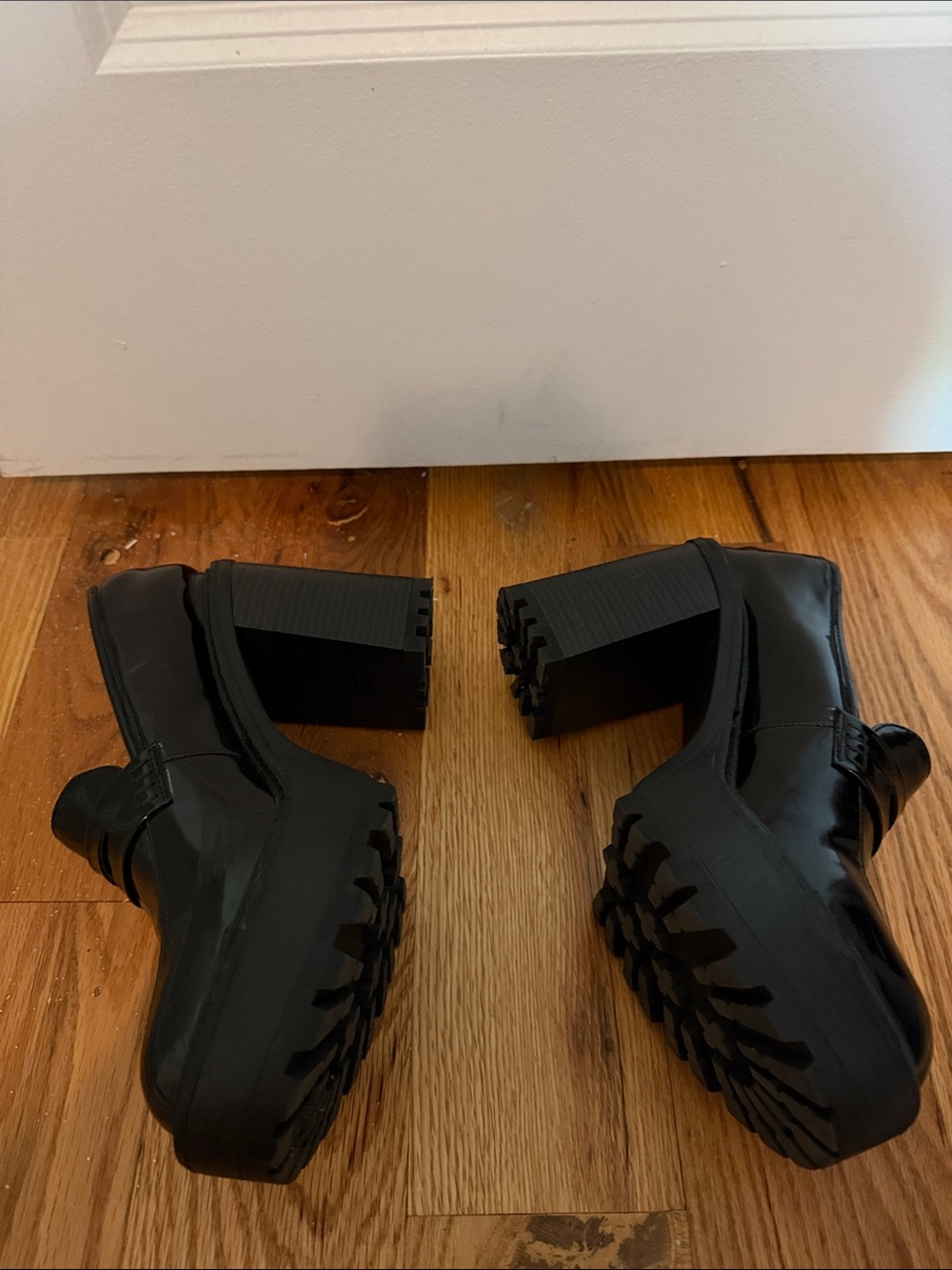 Platform Block Heel Penny Loafers in Black - Picture 3 of 4